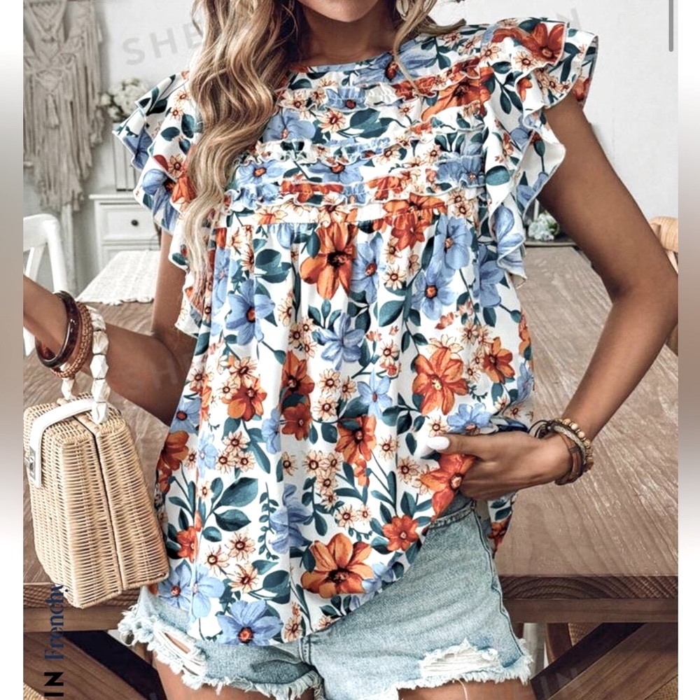 Beautiful Floral Print Ruffle Sleeve Babydoll Blouse
